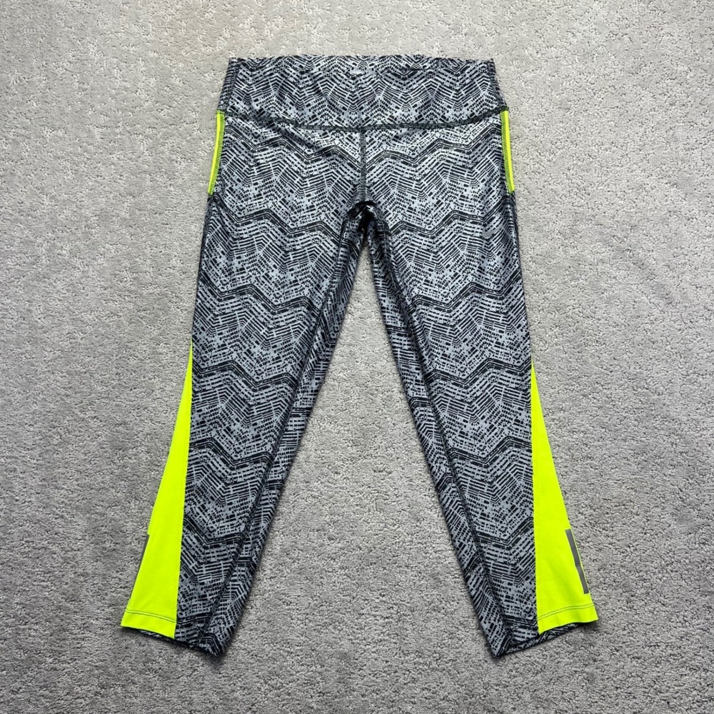 Nike Leggings Womens Medium‎ Gray Neon Yellow Dri-FIT Running Training Cropped